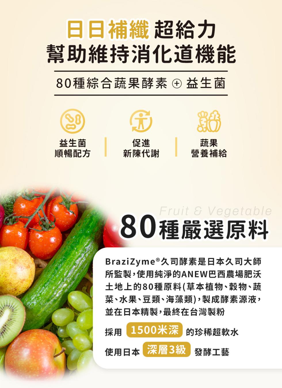 日日補纖 超給力，幫助維持消化道機能，80種綜合蔬果酵素益生菌，益生菌，順暢配方，新陳代謝，營養補給，80種嚴選原料，BraziZyme®久司酵素是日本久司大師，所監製,使用純淨的ANEW巴西農場肥沃，土地上的80種原料(草本植物、穀物、蔬，菜、水果