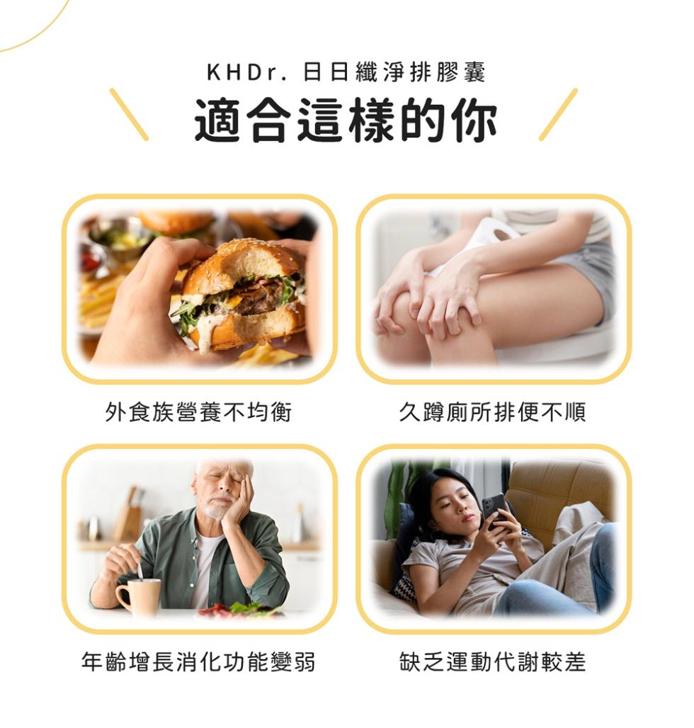 KHDr.日日纖淨排膠囊，適合這樣的你，外食族營養不均衡，久蹲廁所排便不順，年齡增長消化功能變弱，缺乏運動代謝較差。