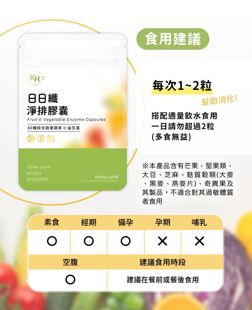 日日纖，淨排膠囊，80種綜合蔬果酵素益生菌，600mgx30 粒，食用建議，每次1~2粒，幫助消化!搭配適量飲水食用，一日請勿超過2粒，(多食無益)，※本產品含有芒果、堅果類、大豆、芝麻、麩質穀類(大麥，黑麥、燕麥片)、奇異果及，其製品,不適合其過敏
