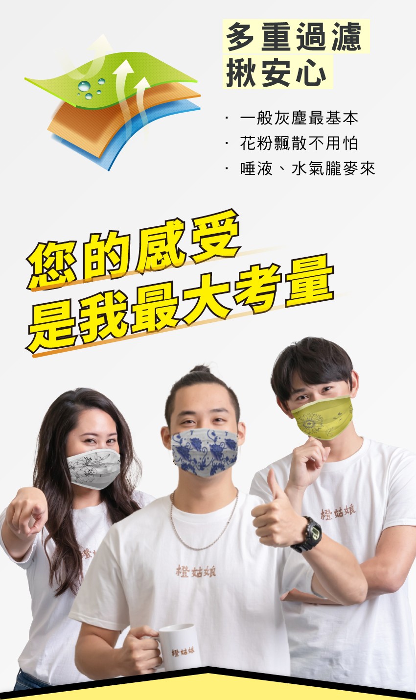 多重過濾，揪安心，一般灰塵最基本，花粉飄散不用怕，唾液、水氣朧麥來，您的感受，是最大考量，橙姑娘，橙姑娘，橙姑娘。