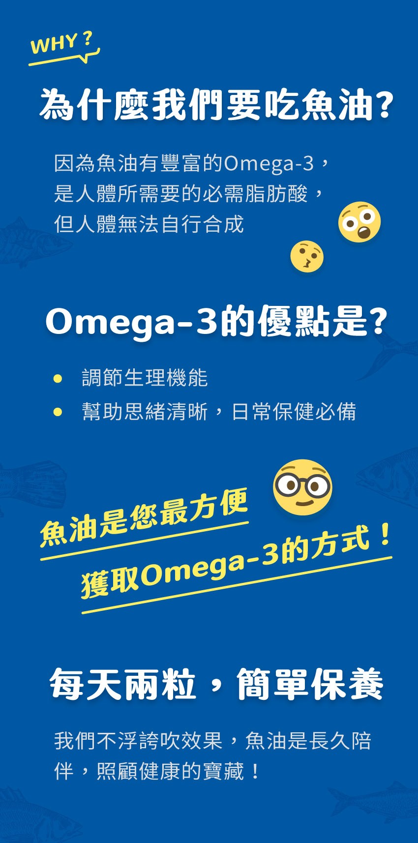 為什麼我們要吃魚油?因為魚油有豐富的Omega-3,是人體所需要的必需脂肪酸,但人體無法自行合成，Omega-3的優點是?調節生理機能，• 幫助思緒清晰,日常保健必備，魚油是您最方便，獲取Omega-3的方式!每天兩粒,簡單保養，我們不浮誇吹效果,魚