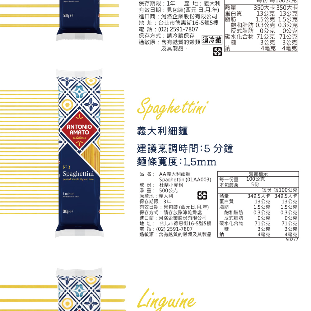 Nº3,保存期限:1年 產地:義大利,有效日期:見包裝(西元 日.月.年),進口商:河洛企業股份有限公司,蛋白質,地 址:台北市德惠街16-5號5樓 飽和脂肪,電話:(02)2591-7807,保存方式:請冷藏保存,反式脂肪,碳水化合物,過敏原:含有