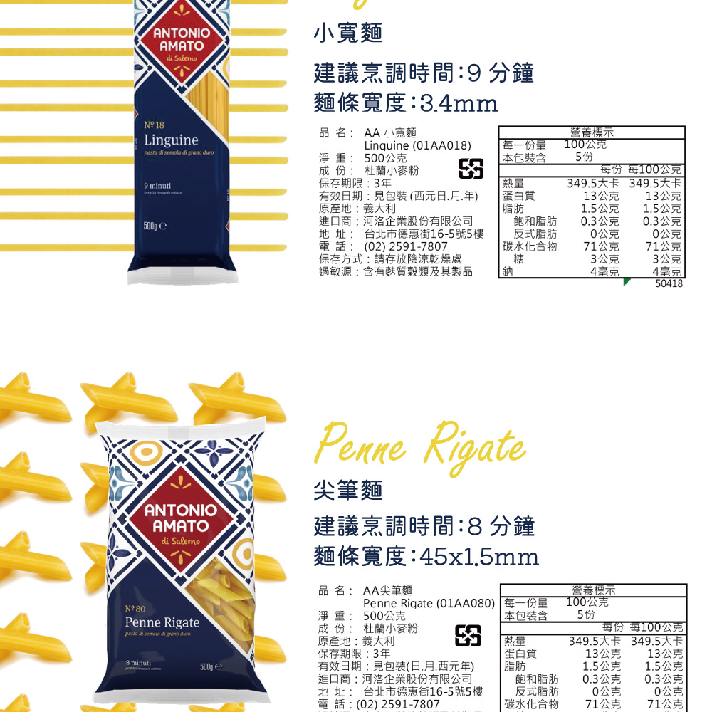 _Nº18,小寬麵,建議烹調時間:9 分鐘,麵條寬度:3.4mm,品名: AA 小寬麵,500公克,淨 重:成 份: 杜蘭小麥粉,保存期限:3年,有效日期:見包裝 (西元日.月.年),原產地:義大利,進口商:河洛企業股份有限公司,地 址: 台北市德惠