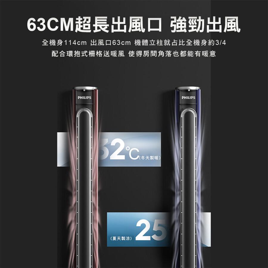 63CM超長出風口 強勁出風，全機身114cm 出風口63cm 機體立柱就占比全機身約3/4，配合環抱式柵格送暖風 使得房間角落也都能有暖意，52°CLEARE，C(冬天製暖)，(夏天製涼)。