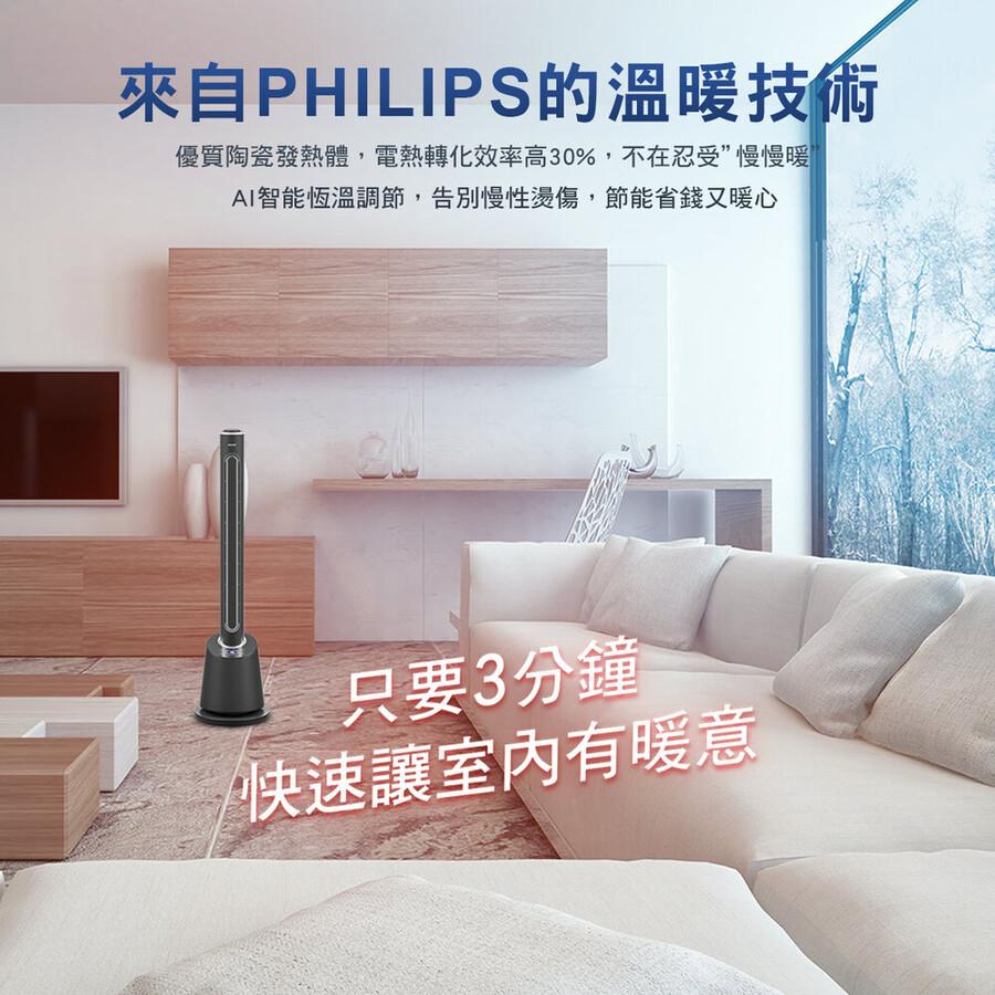 來自PHILIPS的溫暖技術，優質陶瓷發熱體,電熱轉化效率高30%,不在忍受”慢慢暖，AI智能恆溫調節,告別慢性燙傷,節能省錢又暖心，只要3分鐘，快速讓室內有暖意。