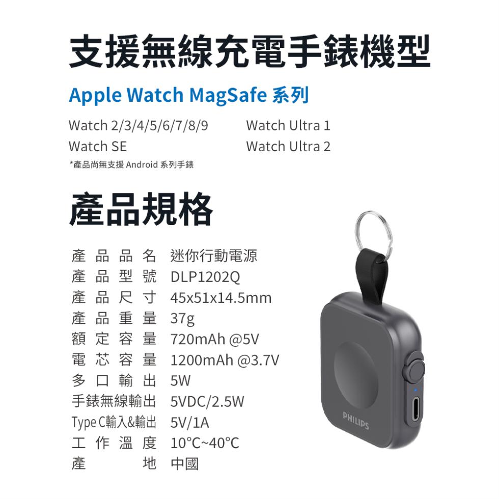 支援無線充電手錶機型，Apple Watch MagSafe 系列，產品尚無支援Android 系列手錶，產品規格，產品品名 迷你行動電源，產品型號 DLP1202Q，產品尺寸 45x51x14.5mm，產品重量 37g，容量 720mAh @5V，