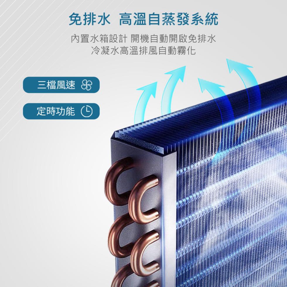 免排水 高溫自蒸發系統，內置水箱設計開機自動開啟免排水，冷凝水高溫排風自動霧化，三檔風速 88，定時功能()。