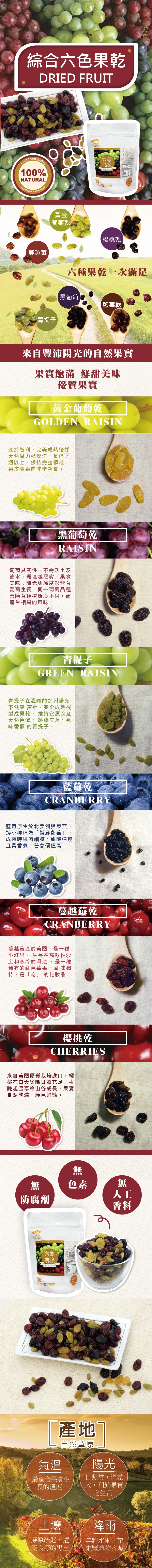 綜合六色果乾，葡萄乾，櫻桃乾，蔓越莓，六種果乾一次滿足，黑葡萄，藍莓乾，青提子，來自豐沛陽光的自然果實，果實飽滿鮮甜美味，優質果實，黄金葡萄乾，產於智利,完美成熟後採，天然風力乾燥法,長達7，週以上,保持完整顆粒,果皮與果肉非常紮實。黑葡萄乾，葡萄具