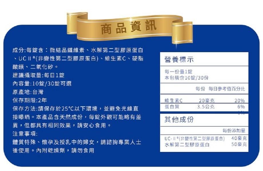 商品資訊,成分:每錠含:微結晶纖維素、水解第二型膠原蛋白,UC I (非變性第二型膠原蛋白)、維生素C、硬脂,酸鎂、二氧化破矽。建議攝取量:每日1錠,內容量:10錠/30錠可選,原產地:台灣,保存期限:2年,保存方法:請保存於25C以下環境,並避免光