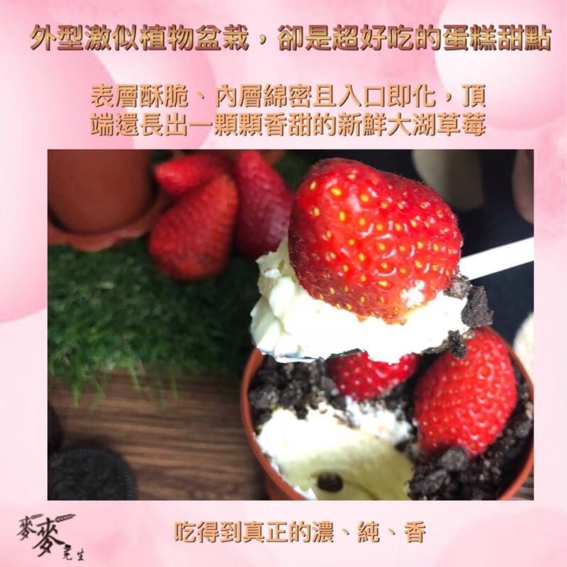 外型激似植物盆载,卻是超好吃的蛋糕甜點，表層酥脆、內層綿密且入口即化,頂，端還長出一顆顆香甜的新鮮大湖草莓，吃得到真正的濃、純、 香。