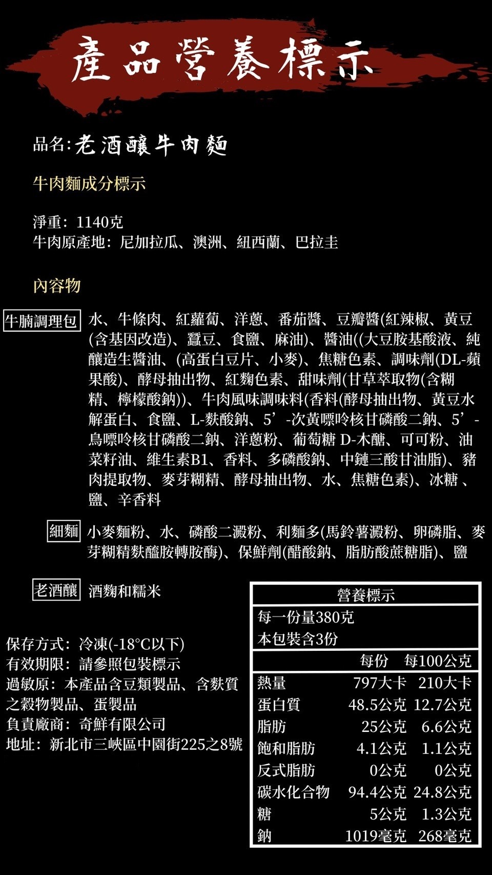 產品營養標示,品名:老酒釀牛肉麵,牛肉麵成分標示,淨重:1140克,牛肉原產地:尼加拉瓜、澳洲、紐西蘭、巴拉圭,內容物,牛腩調理包水、牛條肉、紅蘿蔔、洋蔥、番茄醬、豆瓣醬(紅辣椒、黃豆,(含基因改造)、蠶豆、食鹽、麻油)、醬油((大豆胺基酸液、純,釀