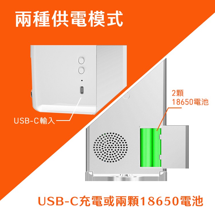 兩種供電模式，18650電池，USB-C輸入一，USB-C充電或兩顆18650電池。