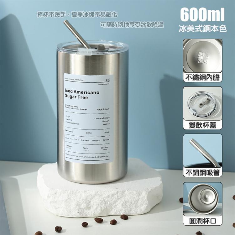 【CityStar】美式款不鏽鋼帶蓋吸管冰霸杯保溫杯 (600ml)