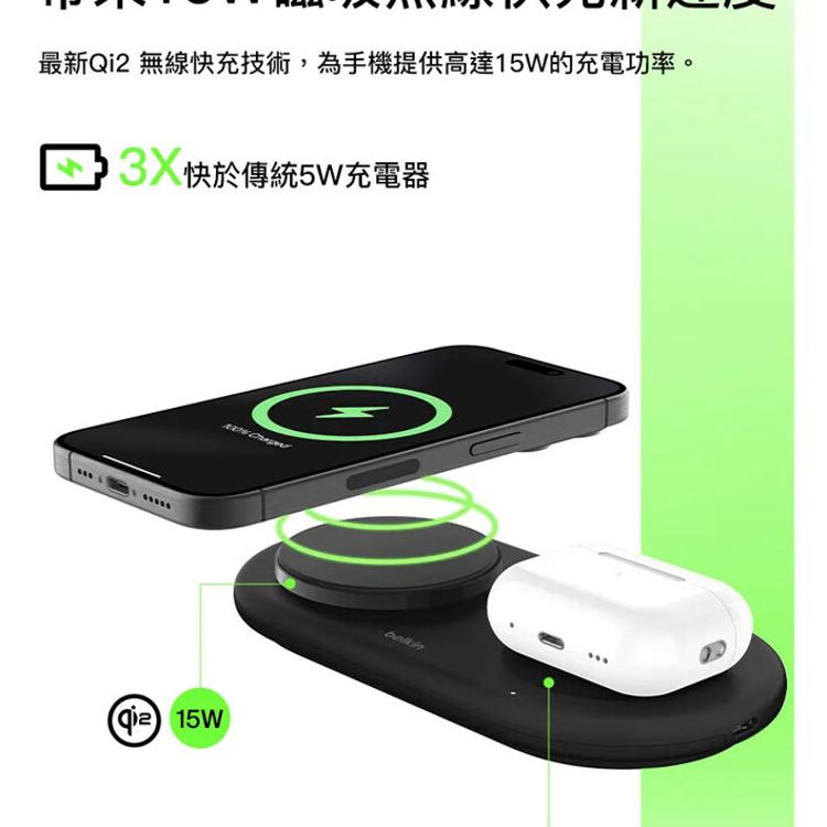 Belkin BOOST CHARGE PRO Qi2 15W 2合1 磁吸無線充電板 WIZ021