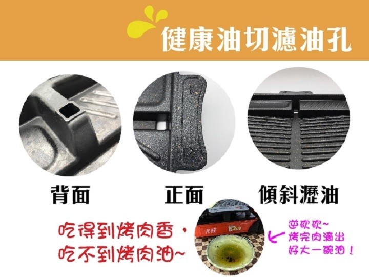 健康油切濾油孔,傾斜瀝油,吃得到烤肉香,吃不到烤肉迪~,逆欢砍~,ビ烤完肉滴出,好大一碗的!。