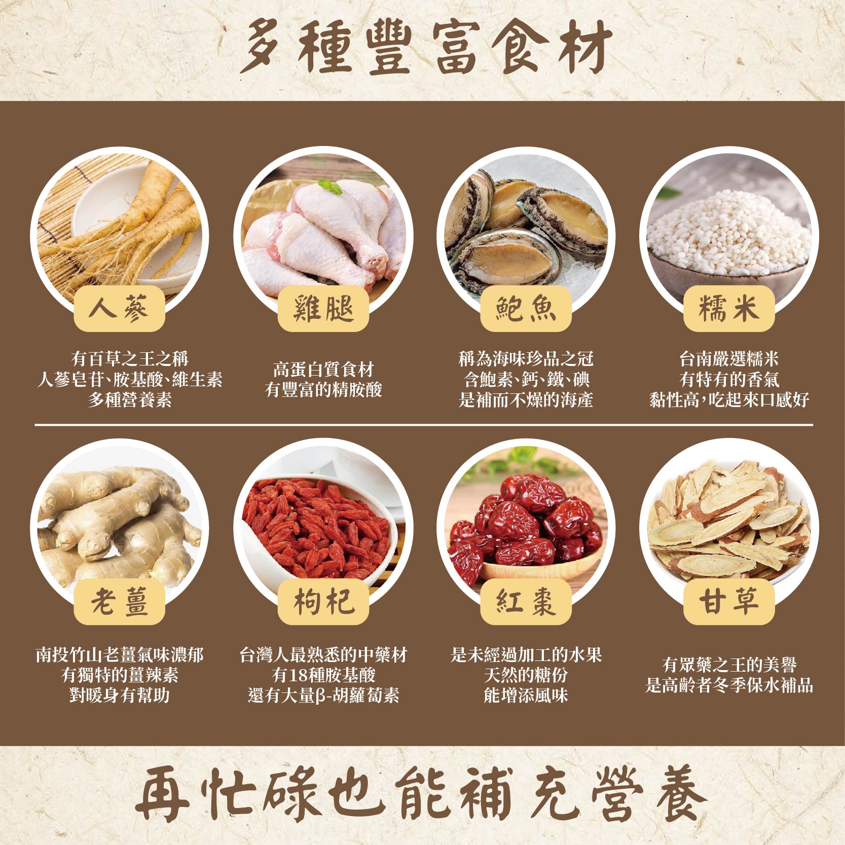 有百草之王之稱，人蔘皂苷、胺基酸、維生素，多種營養素，多種豐富食材，南投竹山老薑氣味濃郁，有獨特的薑辣素，對暖身有幫助，高蛋白質食材，有豐富的精胺酸，稱為海味珍品之冠，含鮑素､鈣､鐵､碘，是補而不燥的海產，是未經過加工的水果，天然的糖份，能增添風味，