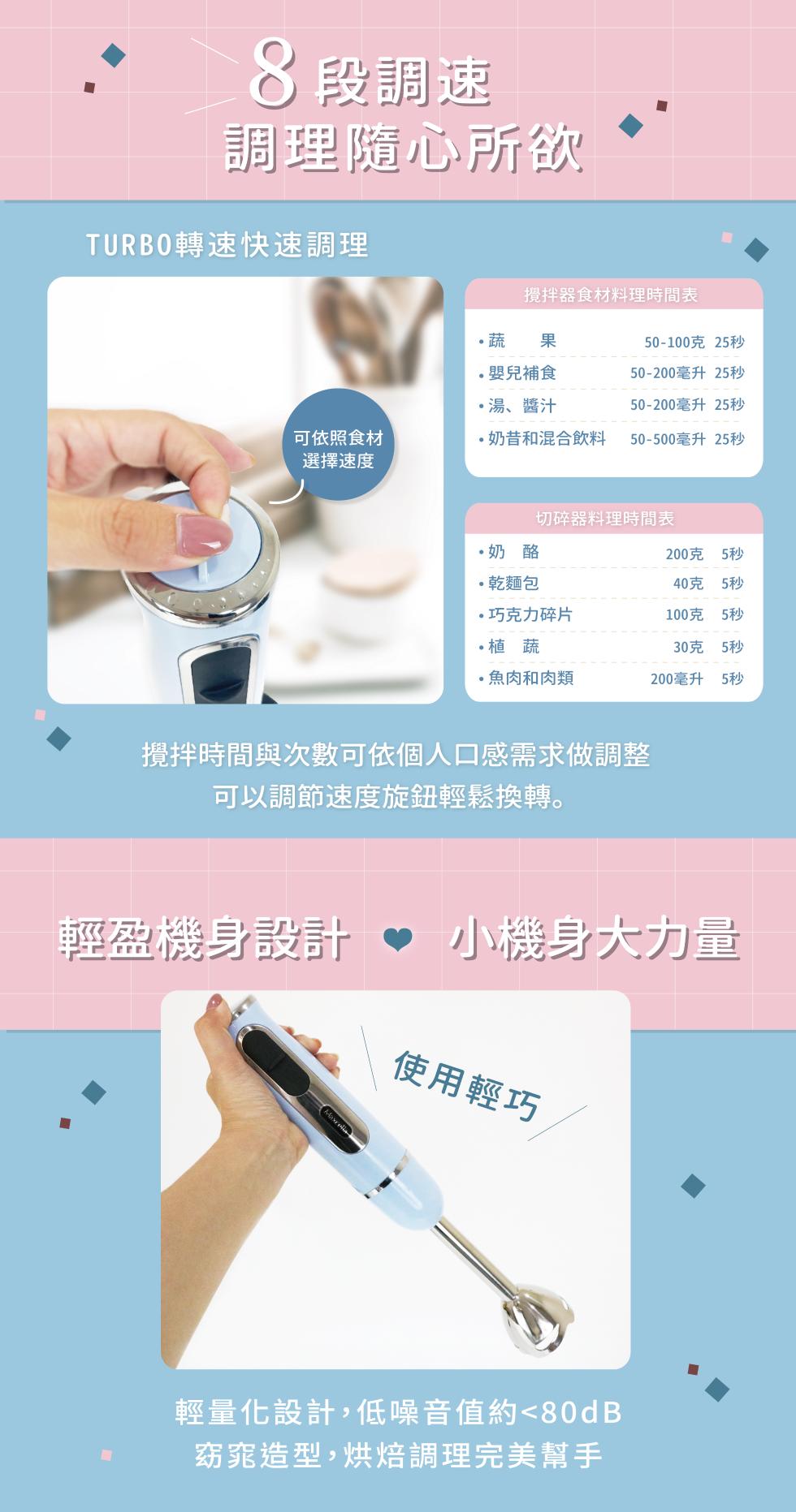 8段調速，調理隨心所欲，TURBO轉速快速調理，可依照食材，選擇速度，輕盈機身設計，攪拌器食材料理時間表，·蔬果，・嬰兒補食，・湯、醬汁，奶昔和混合飲料，切碎器料理時間表，・奶酪，・乾麵包，巧克力碎片，・植蔬，・魚肉和肉類，攪拌時間與次數可依個人口感