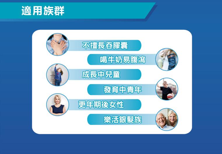 適用族群，不擅長吞膠囊，喝牛奶易腹瀉，成長中兒童，發育中青年，更年期後女性，樂活銀髮族。