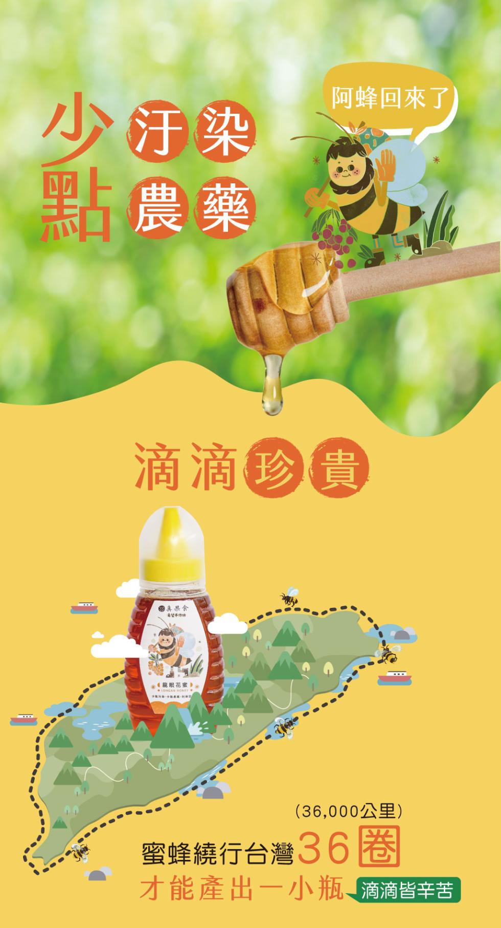 少汙染，點農藥，真果食，希望手作坊，滴滴珍貴，§龍眼花蜜，阿蜂回來了，蜜蜂繞行台灣36圈，才能產出一小瓶滴滴皆辛苦。