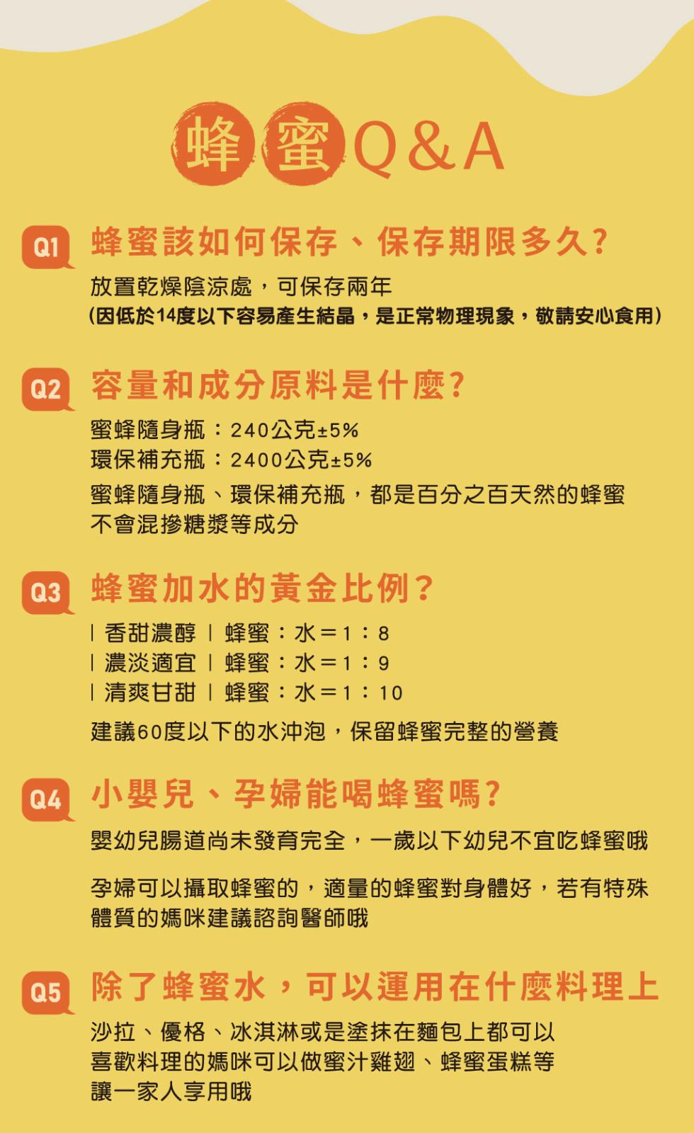 蜂蜜Q&A，1 蜂蜜該如何保存、保存期限多久?放置乾燥陰涼處,可保存兩年，(因低於14度以下容易產生結晶,是正常物理現象,敬請安心食用)，02 容量和成分原料是什麼?蜜蜂隨身瓶:240公克±5%，環保補充瓶:2400公克±5%，蜜蜂隨身瓶、環保補充瓶