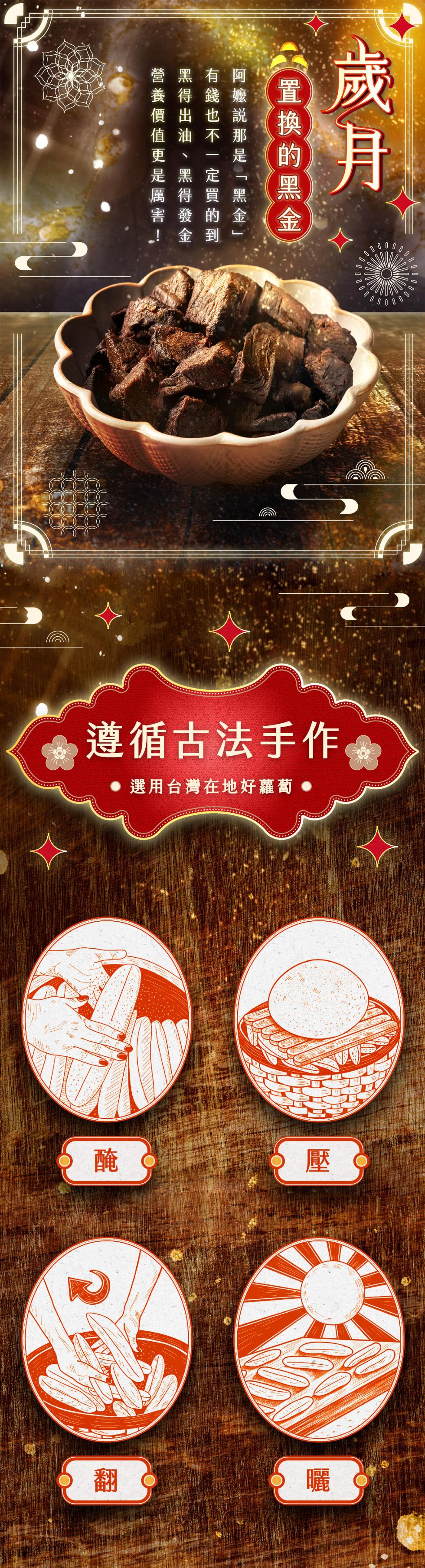 $ 醃，營黑有阿，養得錢嬤，價出也說，值油不那，是黑定，厲 得買 黑，害發的金，遵循古法手作，選用台灣在地好蘿蔔，(置換的黑金。