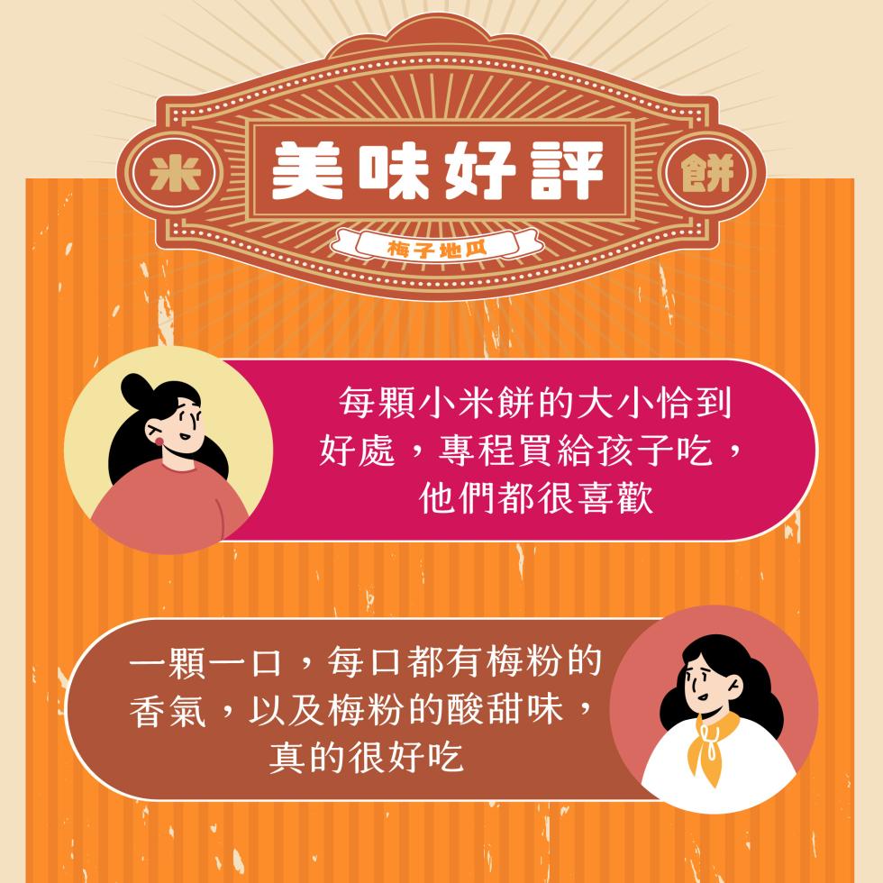  美味好評，梅子如Ⓗ，每顆小米餅的大小恰到，好處,專程買給孩子吃,他們都很喜歡，一顆一口,每口都有梅粉的，香氣,以及梅粉的酸甜味,真的很好吃。