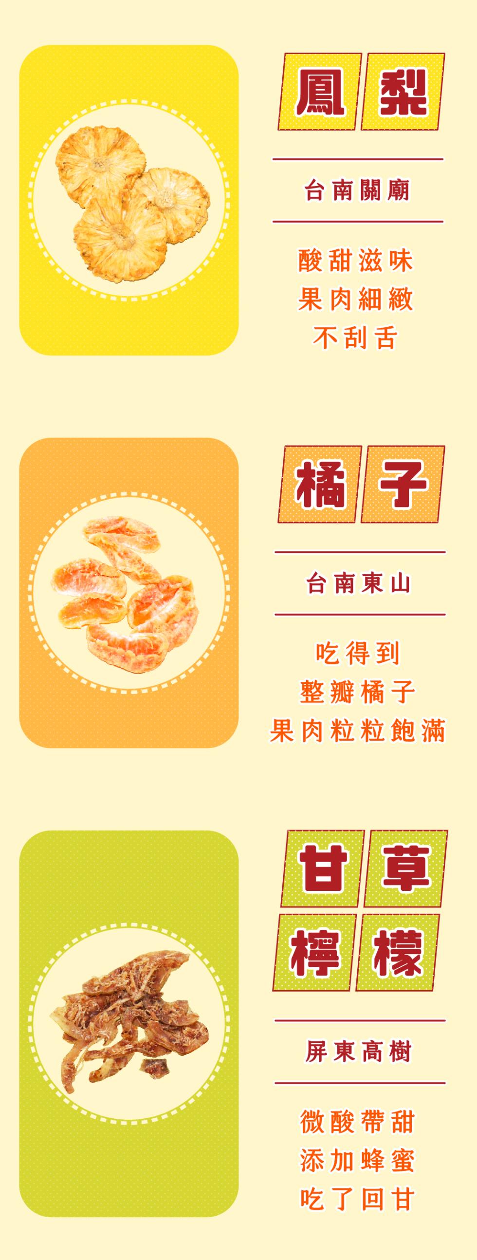 台南關廟，酸甜滋味，果肉細緻，不刮舌，台南東山，吃得到，整瓣橘子，果肉粒粒飽滿，屏東高樹，微酸帶甜，添加蜂蜜，吃了回甘。