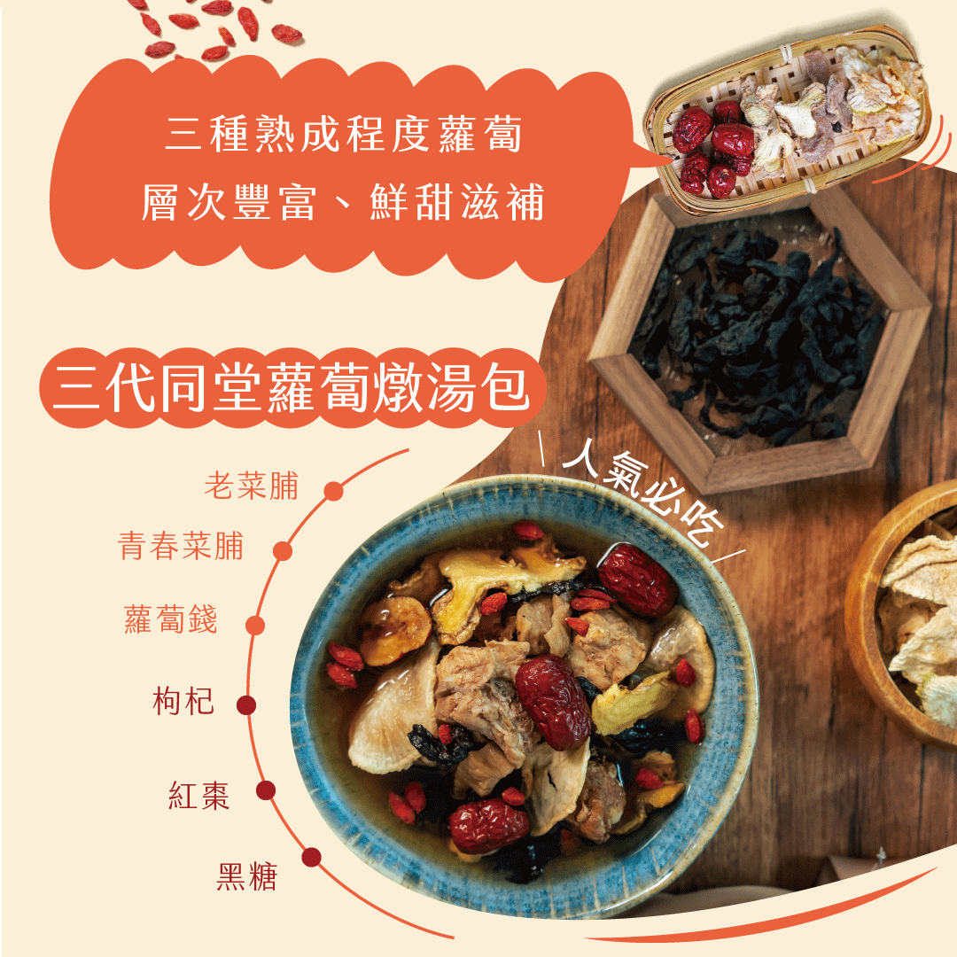 三種熟成程度蘿蔔，層次豐富、鮮甜滋補，(三代同堂蘿蔔燉湯包，老菜脯，青春菜脯，蘿蔔錢，人氣必吃。