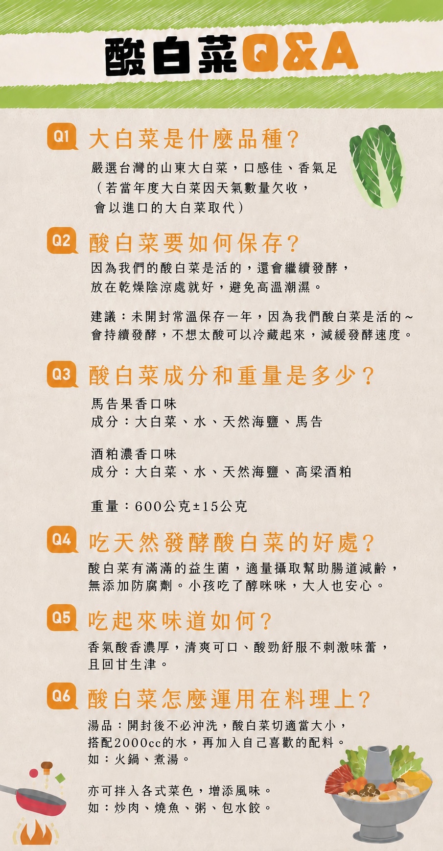 酸白菜◎&A，1 大白菜是什麼品種?嚴選台灣的山東大白菜,口感佳、香氣足。02 酸白菜要如何保存?因為我們的酸白菜是活的,還會繼續發酵,放在乾燥陰涼處就好,避免高溫潮濕。建議:未開封常溫保存一年,因為我們酸白菜是活的~，會持續發酵,不想太酸可以冷藏起