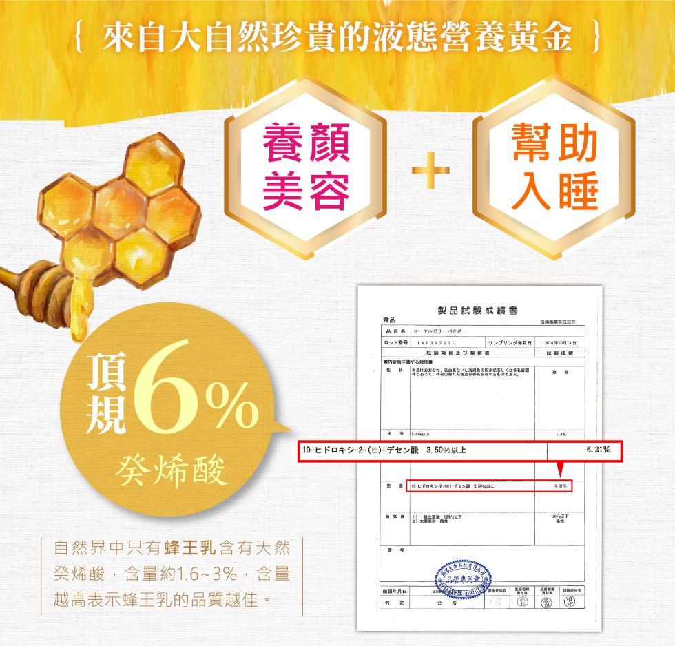 { 來自大自然珍貴的液態營養黃金 }，癸烯酸，自然界中只有蜂王乳含有天然，癸烯酸,含量約1.6~3%,含量，越高表示蜂王乳的品質越佳。品目名，中-番号，確認年月日，製品試驗成绩書，ローヤルゼリーパウダー，水分与合物以下， 10-11口牛9-2-(E)