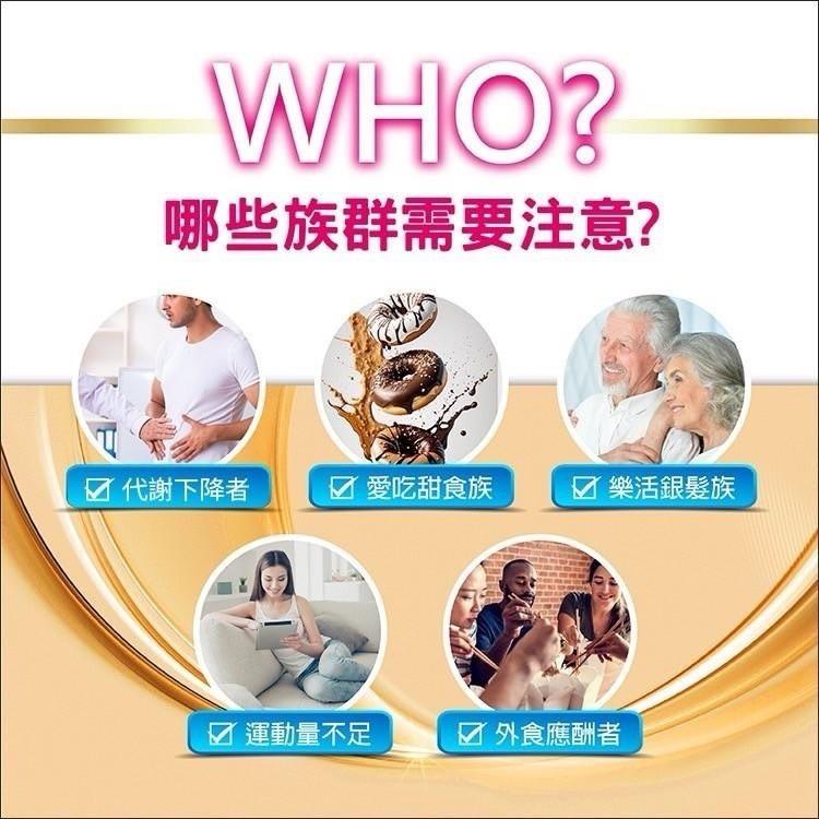 哪些族群需要注意?☑ 代謝下降者,☑ 愛吃甜食族,☑ 樂活銀髮族,☑ 運動量不足,☑ 外食應酬者。