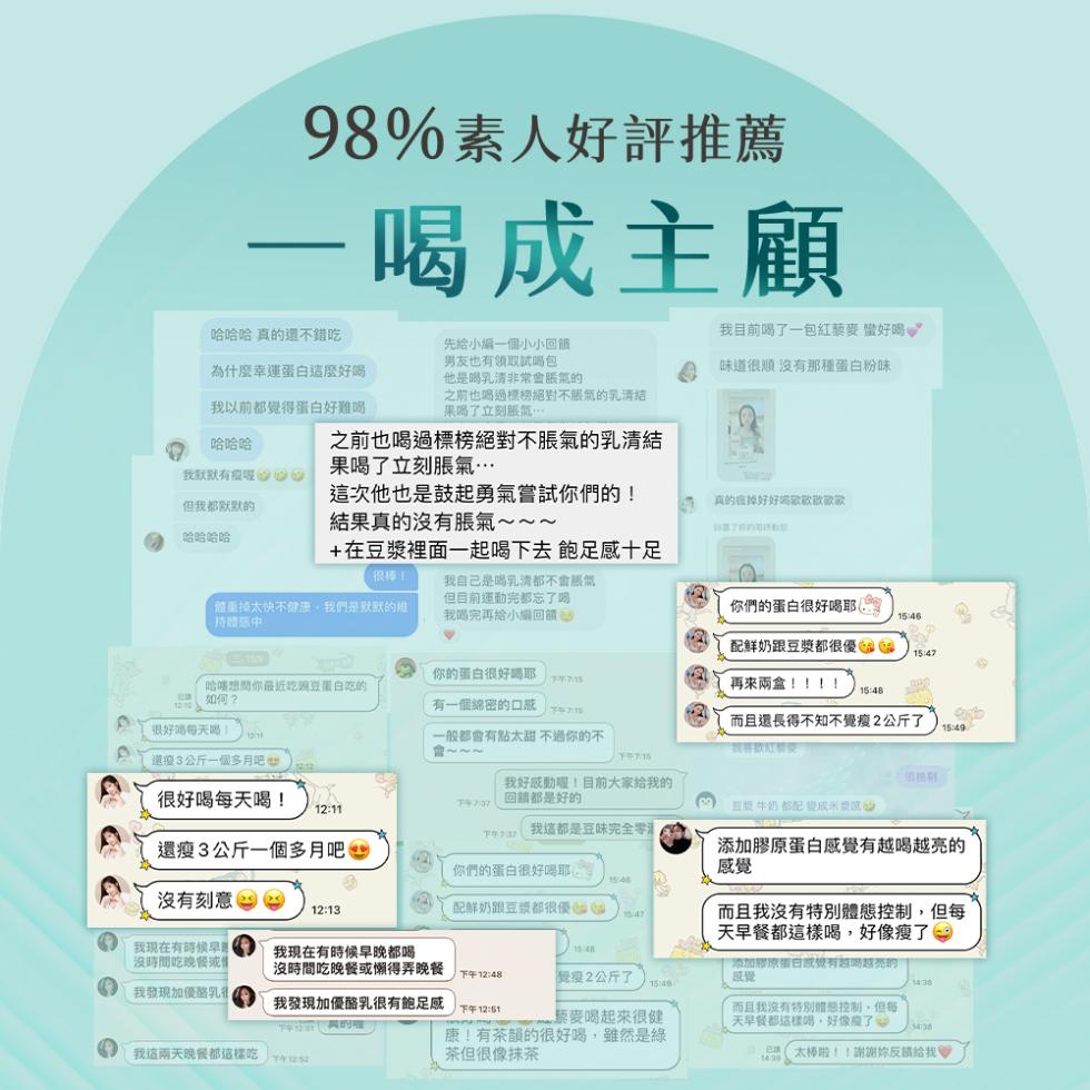 98%素人好評推薦，喝成主顧，哈哈哈 真的還不錯吃，我目前喝了一包紅藜麥 蠻好喝，為什麼幸運蛋白這麼好喝，我以前都覺得蛋白好難喝，先給小編一個小小回饋，男友也有領取試喝包，他是喝乳清非常會脹氣的，味道很順沒有那種蛋白粉味，之前也喝過標榜絕對不服氣的乳