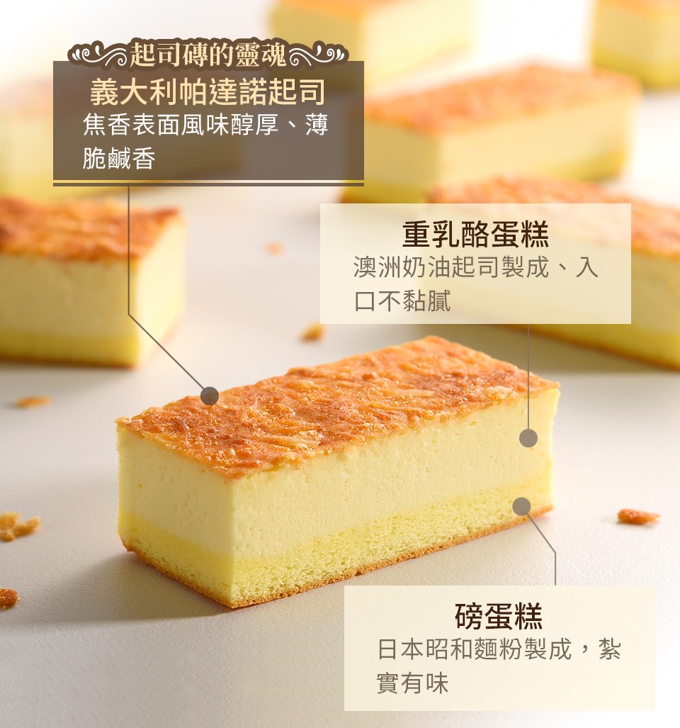 起司傳的靈魂,義大利帕達諾起司,焦香表面風味醇厚、薄,脆鹹香,重乳酪蛋糕,澳洲奶油起司製成、入,ロ不黏膩,磅蛋糕,日本昭和麵粉製成,紮,實有味。