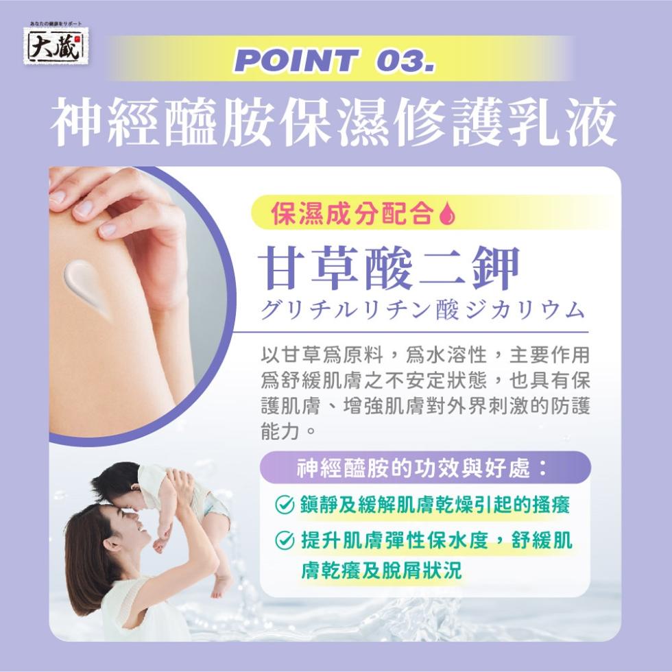 あなたの健康をサポート，神經醯胺保濕修護乳液，保濕成分配合♦，甘草酸二鉀，グリチルリチン酸ジカリウム，以甘草為原料,爲水溶性,主要作用，爲舒緩肌膚之不安定狀態,也具有保，護肌膚、增強肌膚對外界刺激的防護，能力。神經醯胺的功效與好處:1鎭靜及緩解肌膚乾