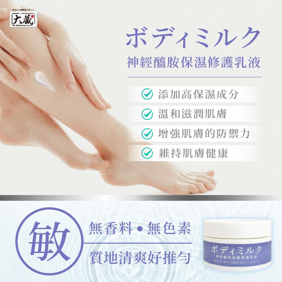 あなたの健康をサポート，ボディミルク，神經醯胺保濕修護乳液，② 添加高保濕成分，② 溫和滋潤肌膚，增強肌膚的防禦力，維持肌膚健康，無香料•無色素，ボディミルク，質地清爽好推勻，神经酸按保濕修護乳液，やさしくな。