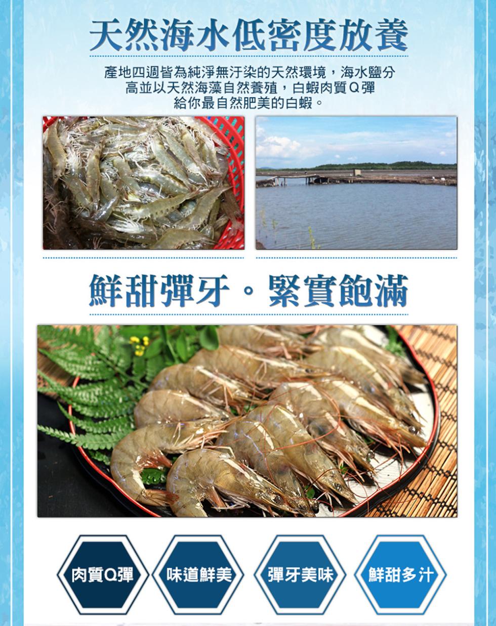 天然海水低密度放養，產地四週皆為純淨無汙染的天然環境,海水鹽分，高並以天然海藻自然養殖,白蝦肉質Q彈，給你最自然肥美的白蝦。鮮甜彈牙。緊實飽滿，肉質Q彈，【味道鮮美 彈牙美味，【鮮甜多汁。