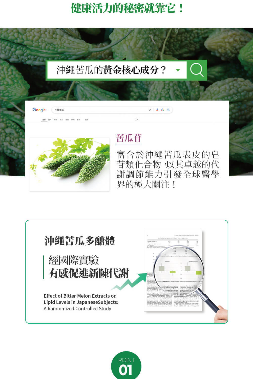 健康活力的秘密就靠它!沖繩苦瓜的黃金核心成分?沖繩苦瓜，苦瓜苷，富含於沖繩苦瓜表皮的皂，苷類化合物,以其卓越的代，謝調節能力引發全球醫學，界的極大關注!沖繩苦瓜多醣體，經國際實驗，有感促進新陳代謝。