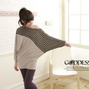 ★嘉蒂斯＊～圓領細斜條紋接色蝴蝶袖長版衣【11601黑色】