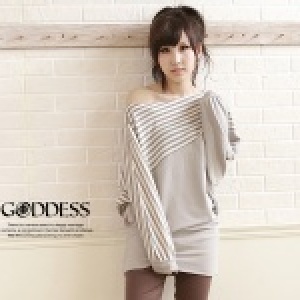 ★嘉蒂斯＊～圓領細斜條紋接色蝴蝶袖長版衣【11601灰色】
