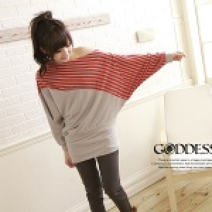 ★嘉蒂斯＊～圓領細斜條紋接色蝴蝶袖長版衣【11601紅色】