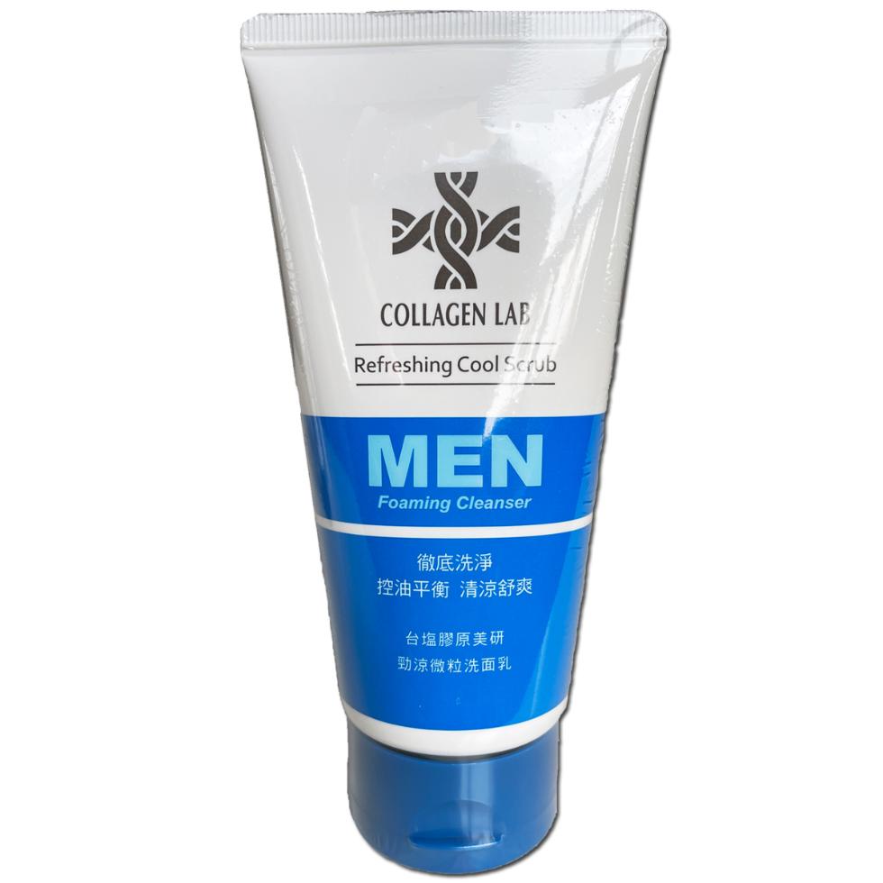 徹底洗淨，控油平衡 清涼舒爽，台塩膠原美研，勁涼微粒洗面乳。