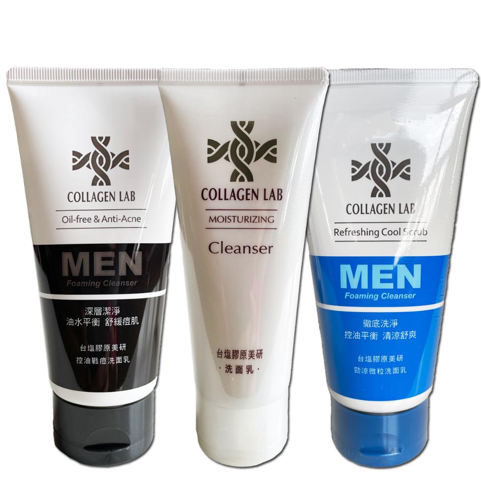 深層潔淨，油水平衡 舒緩痘肌，台塩膠原美研，控油戰痘洗面乳，台塩膠原美研，・洗面乳 ·，徹底洗淨，控油平衡 清涼舒爽，台塩膠原美研，勁涼微粒洗面乳。