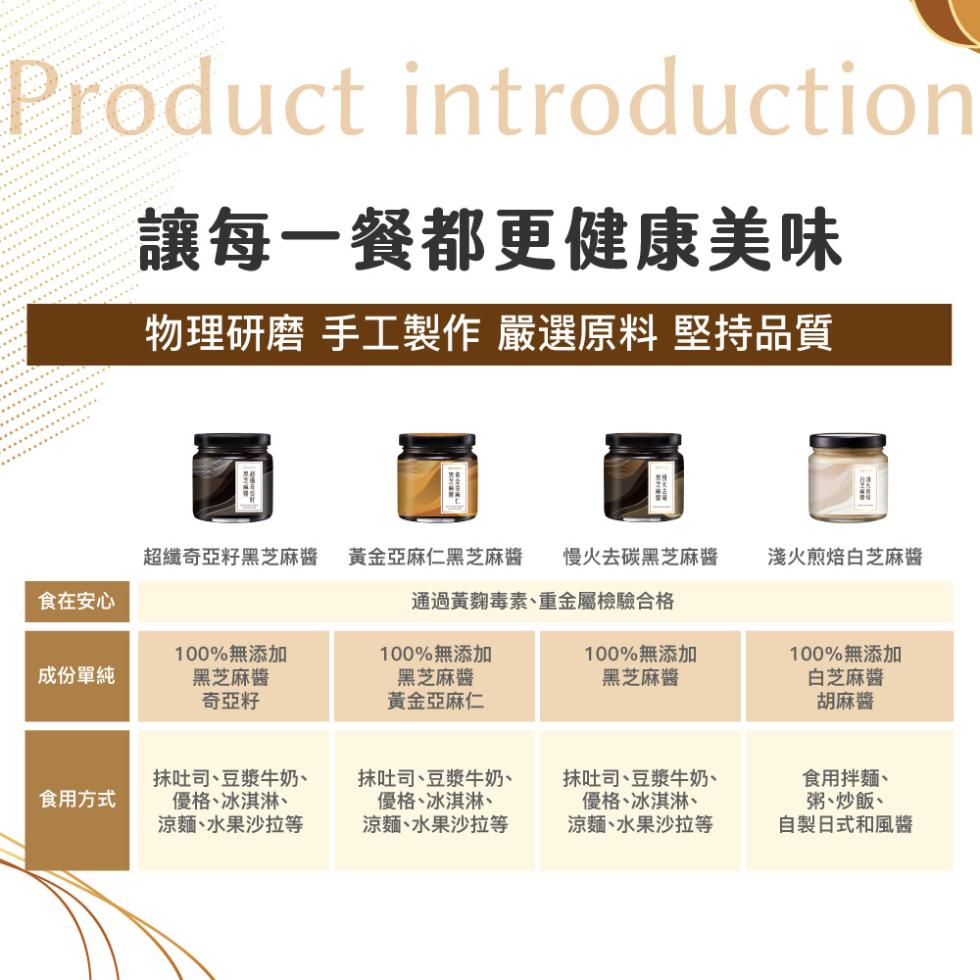 讓每一餐都更健康美味，物理研磨 手工製作 嚴選原料 堅持品質，超纖奇亞籽黑芝麻醬 黃金亞麻仁黑芝麻醬 慢火去碳黑芝麻醬，淺火煎焙白芝麻醬，食在安心，通過黃麴毒素、重金屬檢驗合格，成份單純，100%無添加，黑芝麻醬，奇亞籽，100%無添加，黑芝麻醬，黃