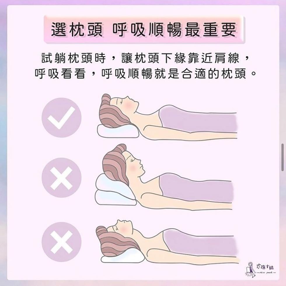 選枕頭 呼吸順暢最重要，試躺枕頭時,讓枕頭下緣靠近肩線,呼吸看看,呼吸順暢就是合適的枕頭。