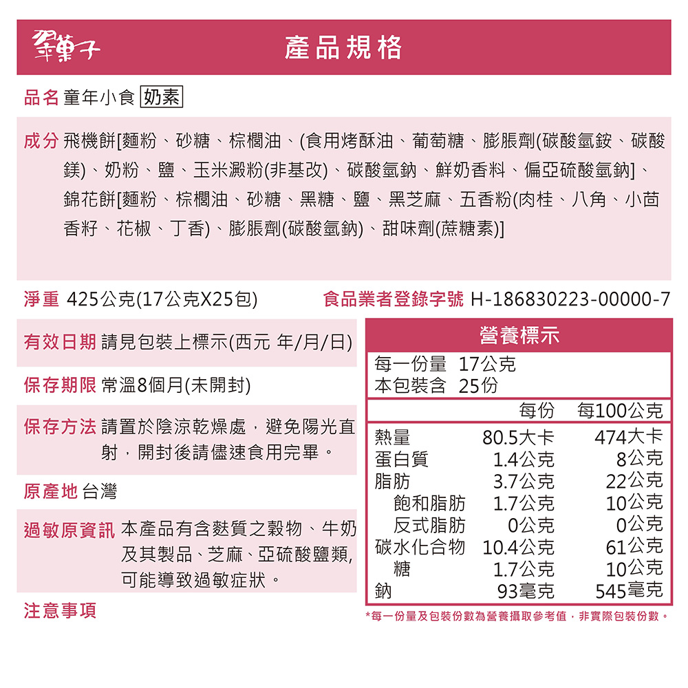 翠菓子，品名 童年小食 奶素，產品規格，成分 飛機餅[麵粉、砂糖、棕櫚油、(食用烤酥油、葡萄糖、膨脹劑(碳酸氫銨、碳酸，鎂)、奶粉、鹽、玉米澱粉(非基改)、碳酸氫鈉、鮮奶香料、偏亞硫酸氫鈉]、錦花餅[麵粉、棕櫚油、砂糖、黑糖、鹽、黑芝麻、五香粉(肉桂