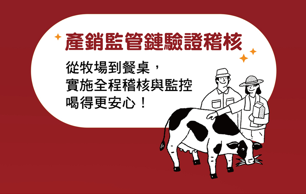 產銷監管鏈驗證稽核，從牧場到餐桌,實施全程稽核與監控，喝得更安心!。