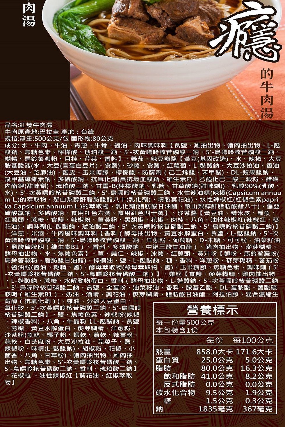 ·肉湯,品名:紅燒牛肉湯,牛肉原產地:巴拉圭 產地:台灣,規格:淨重:500公克/包 固形物:80公克,成分:水、牛肉、牛油、青蔥、牛骨、醬油、肉味調味料【食鹽、雞抽出物、豬肉抽出物、L-麩,酸鈉、焦糖色素、檸檬酸、琥珀酸二鈉、5'-次黃嘌呤核苷磷酸