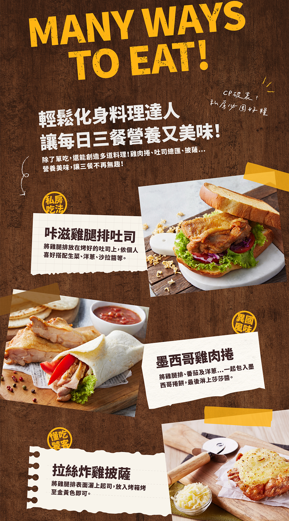 輕鬆化身料理達人，CP破表!私房必国好糧，讓每日三餐營養又美味!除了單吃,還能創造多道料理!雞肉捲、吐司總匯、披薩...營養美味,讓三餐不再無趣!咔滋雞腿排吐司，將雞腿排放在烤好的吐司上,依個人，喜好搭配生菜、洋蔥、沙拉醬等。拉絲炸雞披薩，將雞腿排表