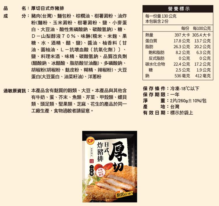 品 成,名:厚切日式炸豬排,營養標示,分:豬肉(台灣)、麵包粉、棕櫚油、樹薯澱粉、油炸,粉(麵粉、玉米澱粉、樹薯澱粉、鹽、小麥蛋,白、大豆油、酸性焦磷酸鈉、碳酸氫鈉)、糖、D-山梨醇液70%、味甜(糯米、米麴、果,糖、水、酒精、醋、鹽)、醬油、柚香料