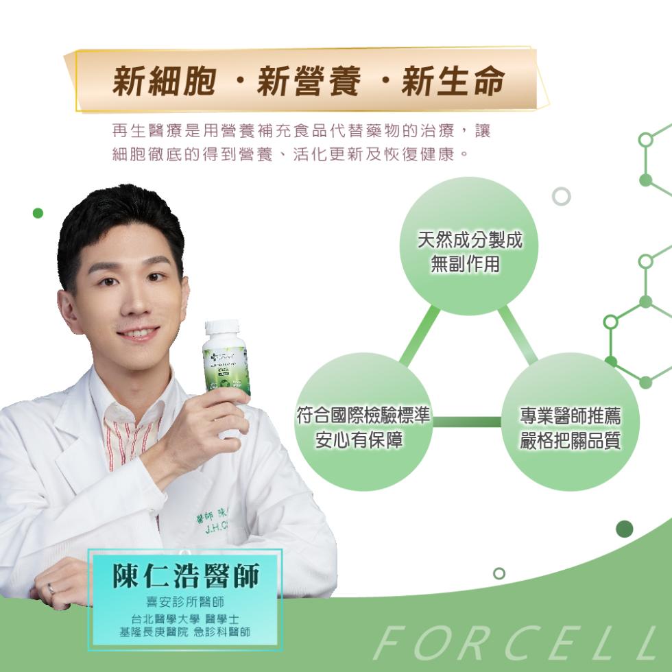 新細胞新營養・新生命，再生醫療是用營養補充食品代替藥物的治療,讓，細胞徹底的得到營養、活化更新及恢復健康。陳仁浩醫師，喜安診所醫師，台北醫學大學 醫學士，基隆長庚醫院 急診科醫師，天然成分製成，無副作用，符合國際檢驗標準，安心有保障，專業醫師推薦，嚴